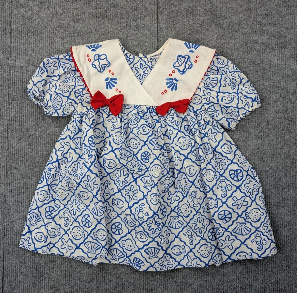 Vintage Dress Girls 2T Toddler Sailor Collar Nautical Novelty Retro Blue Beach